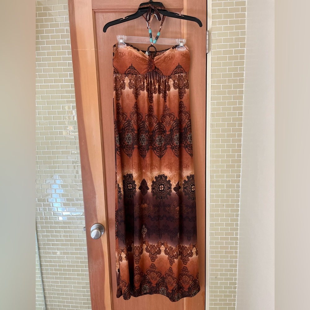 Boho, Beaded Halter Tie Maxi Dress / Size Small